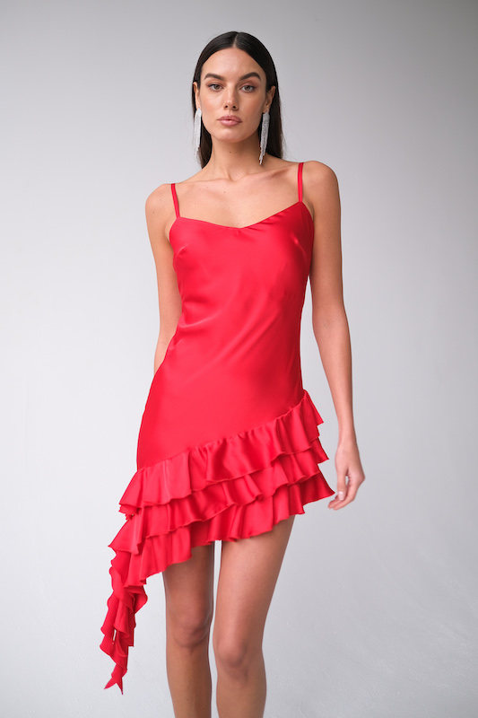  Платье с воланами мини красное