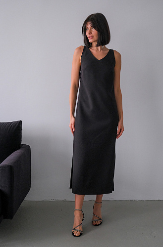 Платье длинное черное с поясом